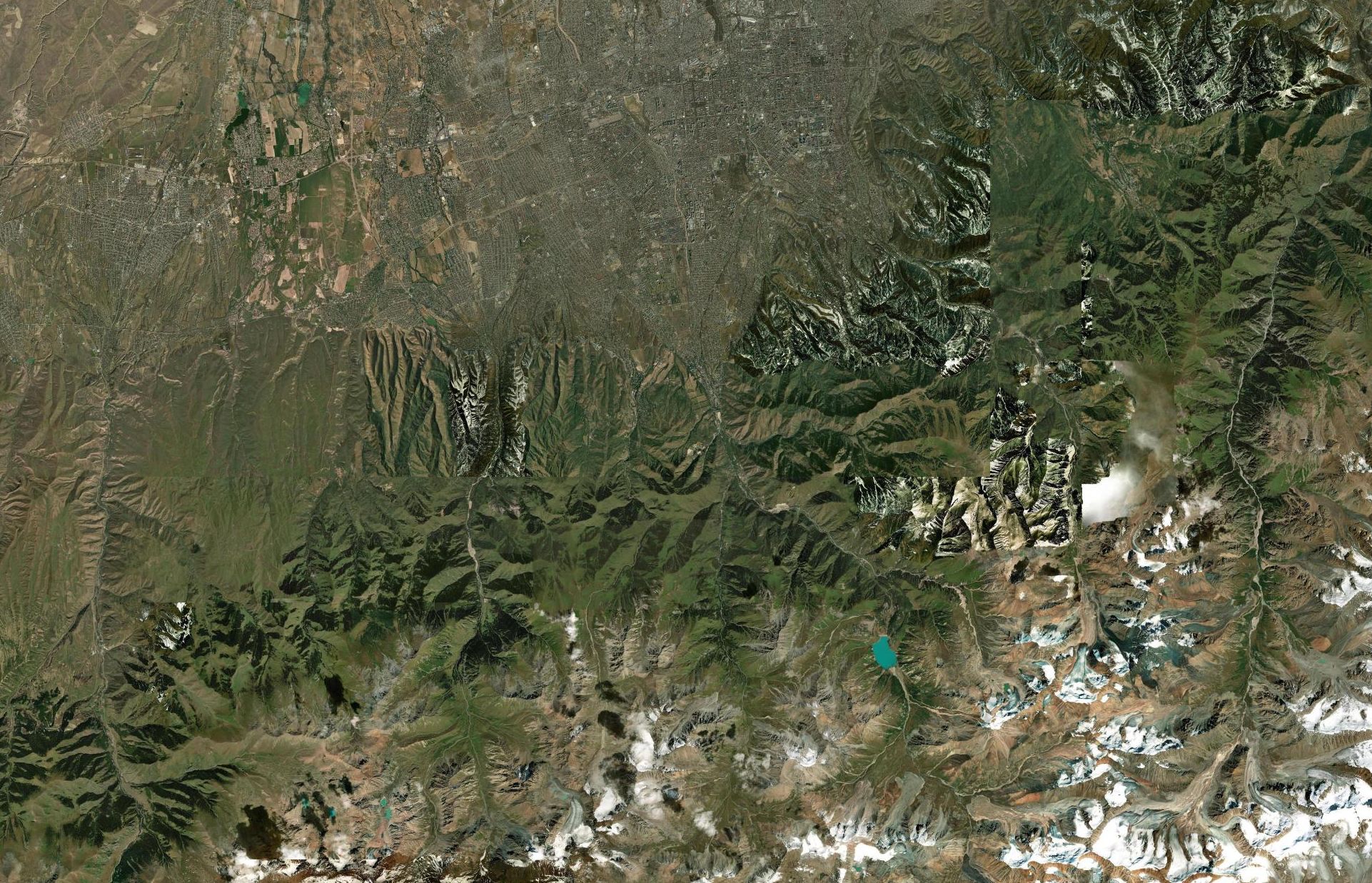 Satellite map of the Ile-Alatau foothills south of Almaty